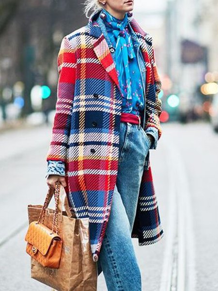 

Vintage Casual Checked/Plaid Regular Fit Lapel Outerwear, As picture, Coats