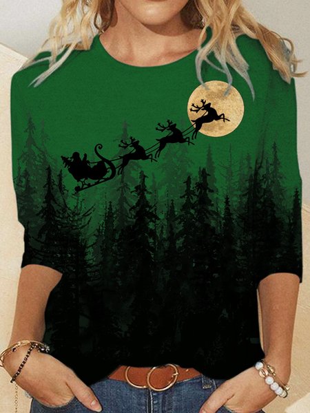 

Christmas with santa and deers flying on the sky Treetop Scenery Mountain Casual Sweatshirt, Green, Hoodies&Sweatshirts
