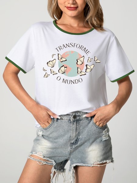 

Unocis Butterfly Print Round Neck Short Sleeve Ringer Tee, Green, T-shirts