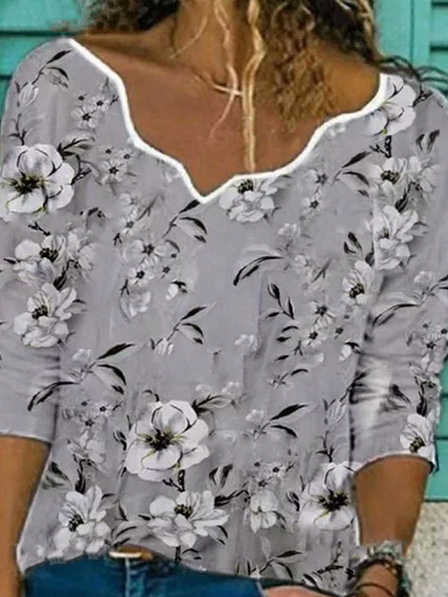 

Loosen Floral Cotton Blends Shirts & Tops, Gray, Long sleeve tops