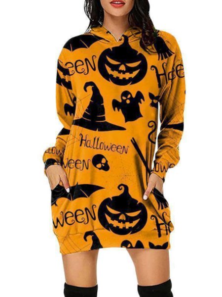 

Long Sleeve Casual Hooded Loosen Sweatshirt, Black-orange, Hoodies and Sweatshirts