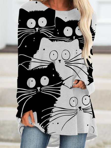 

Funny Black And White Cat Women's Casual Dresses, As picture, Print Dress