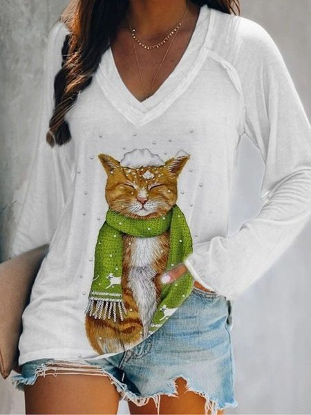 

Long Sleeve Printed V Neck Casual Shirts & Tops, As picture, T-Shirts