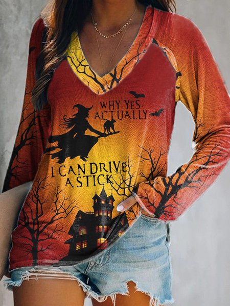 

Halloween Printed V Neck Casual Tunic T-Shirt, As picture, T-shirts