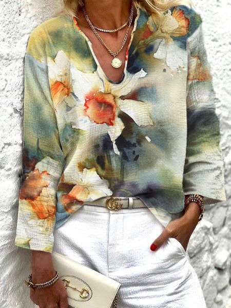 

Retro Flower Print Women Shirts & Tops, As picture, Blouses