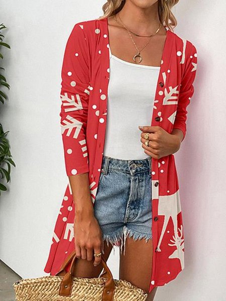 

Sweet Christmas Printed Long Sleeve Outerwear, Red, Cardigans
