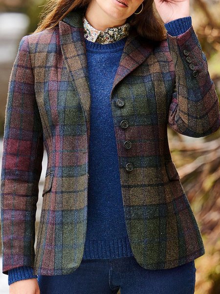 

Vintage Closure Collar Checked/Plaid Casual Outerwear, Multicolor, Blazers