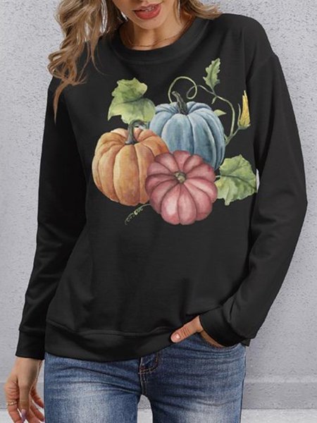 

Pumpkin Printed Loosen Casual Crew Neck Sweatshirt, Black, Sweatshirts & Hoodies