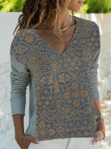 

Tribal V Neck Cotton Shirts & Tops, Gray, Tops