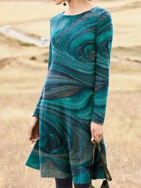 

Crew Neck Casual Cotton Dresses, Blue, Midi Dresses