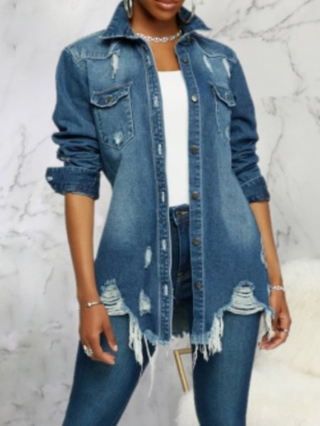 

Casual Shirt Collar Cotton Outerwear, Deep blue, Coats