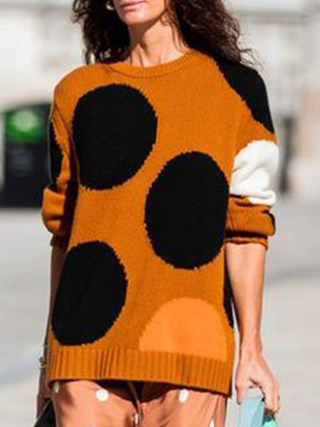 Polka Dots Regular Fit Crew Neck Sweater, Orange, Pullovers