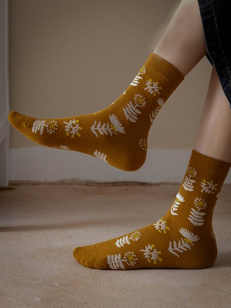 

Casual Flower And Leaf Cotton Socks, As picture, Socks