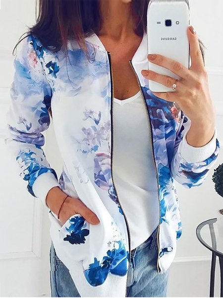 

Floral Loosen V Neck Long Sleeves Jacket Outerwear, Deep blue, Coats & Jackets