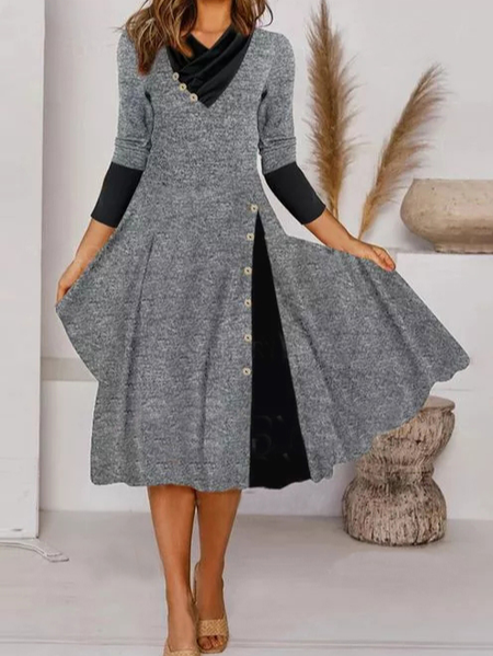 

Color Block Tunic V-Neckline Midi A-line Dress, Gray, Basic Dresses