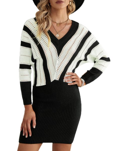 

Striped Elegant Long Sleeve Sweater Dress, Black, Mini Dresses