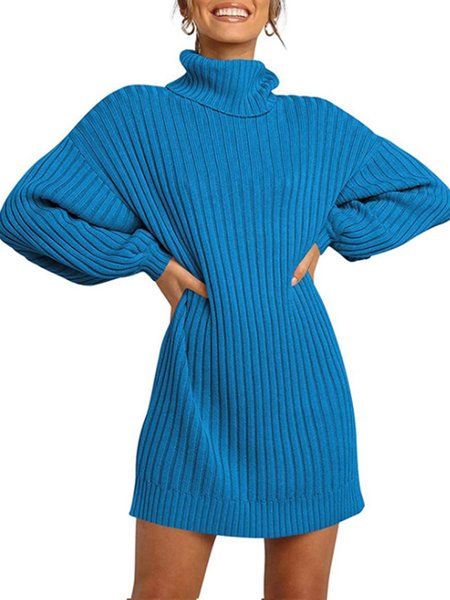 

High Neck Solid Long Sleeve Sweater Dress, Royal blue, Mini Dresses
