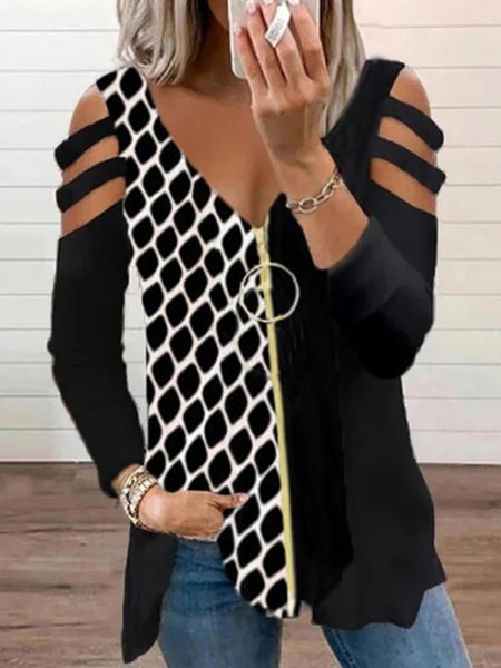 

V Neck Loosen Geometric Shirts & Tops, Black, Tops