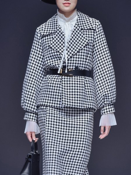 

Flat Collar Elegant Houndstooth Outerwear, Black, Coats