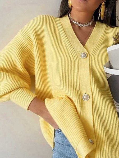 

Solid Elegant V Neck Sweater, Yellow, Cardigans