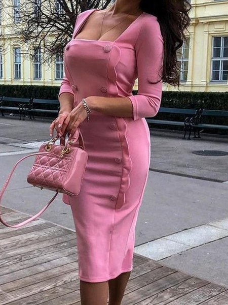 

Square Neck Skinny Lady Midi Dress, Pink, Midi Dresses