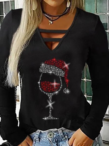 

Casual V Neck Tops, Black, Tops