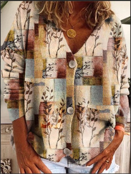

V Neck Regular Fit Leaves Outerwear, Multicolor, Cardigans