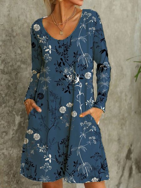 

Floral Loosen Crew Neck Knitting Dress, Blue, Floral Dresses