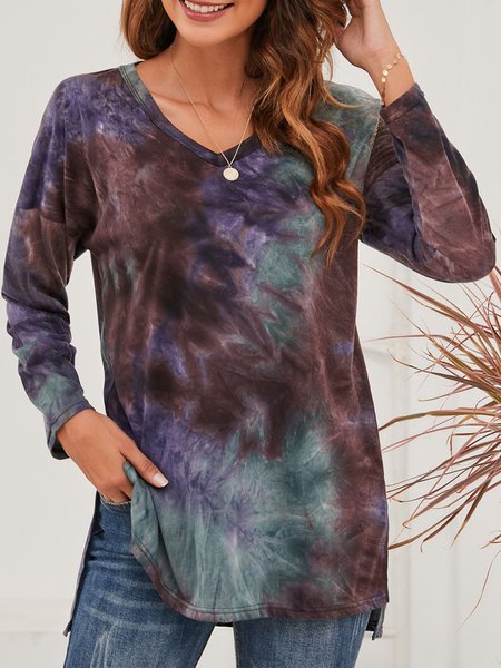 

V Neck Loosen Vacation T-shirt, Multicolor, Long sleeve tops