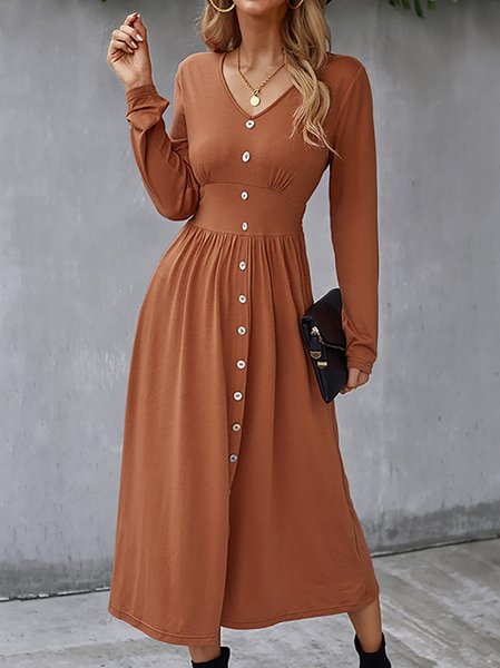 

Vacation Cotton V Neck Plain Knitting Dress, Khaki, Dresses