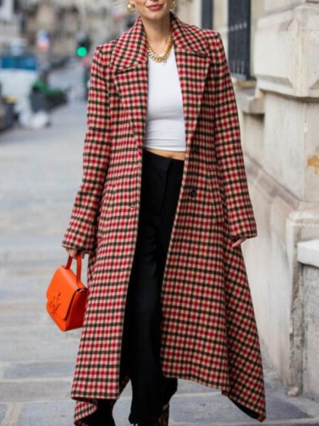 

Flat Collar Vintage Grid Long Outerwear, As picture, Coats