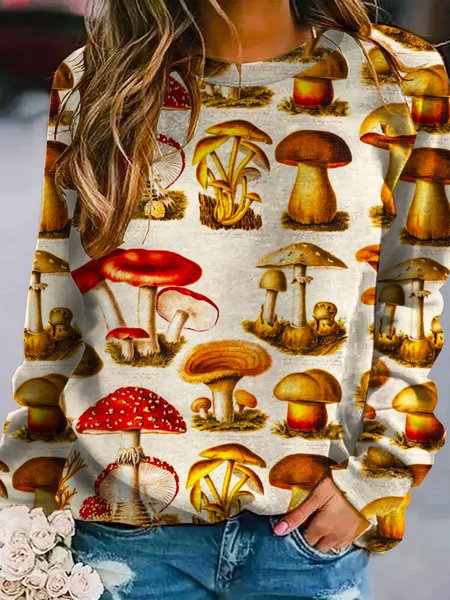 

Mushroom Loosen Round Neck Polyester Cotton Sweatshirt, As picture, Hoodies&Sweatshirts