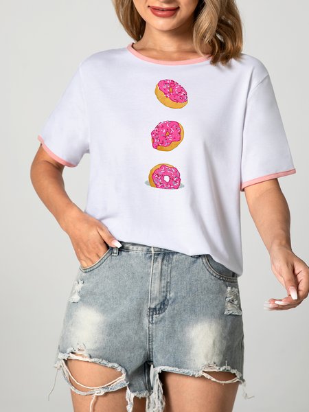 

Unocis Donut Print Round Neck Short Sleeve Ringer Tee, Pink, T-shirts