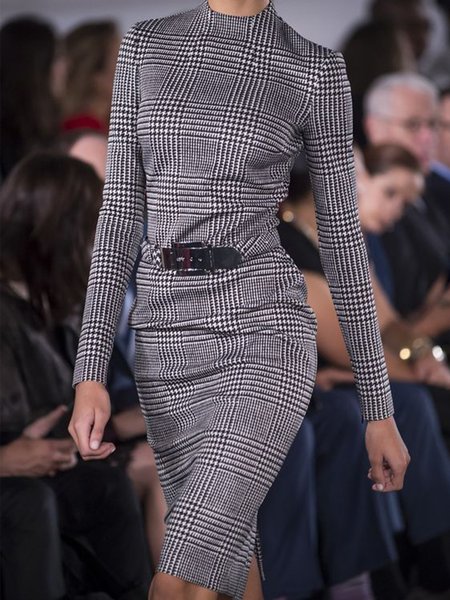 

Long Sleeve Grid Skinny Lady Mini Dress, As picture, Midi Dresses