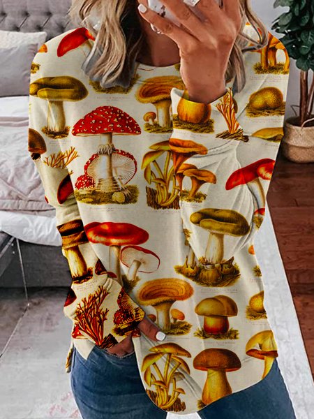 

Mushroom Printed Round Neck Casual Sweatshirt, As picture, Hoodies&Sweatshirts