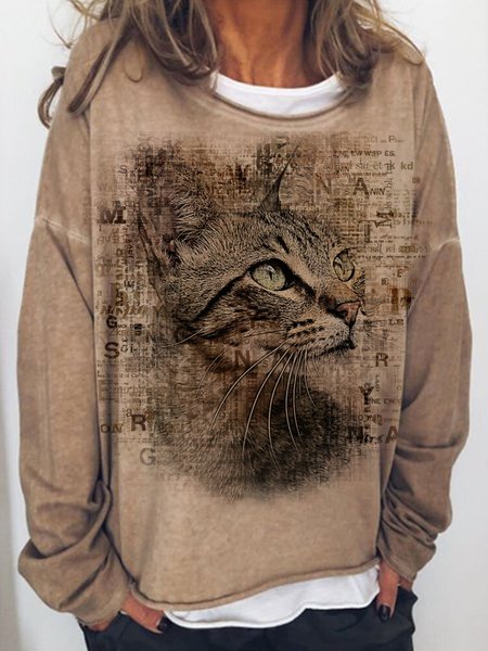 

Long sleeve round neck nostalgic moving cat print casual loose top women's sweater, Khaki, Sweatshirts & Hoodies