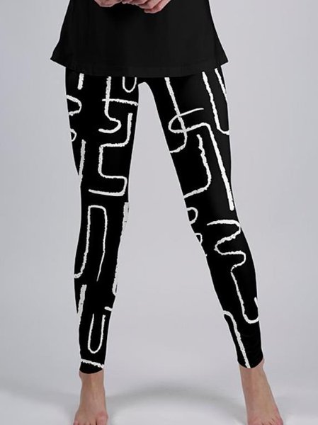 

Elastic waist Abstract Printed Loosen Skinny Pants, Black, leggings