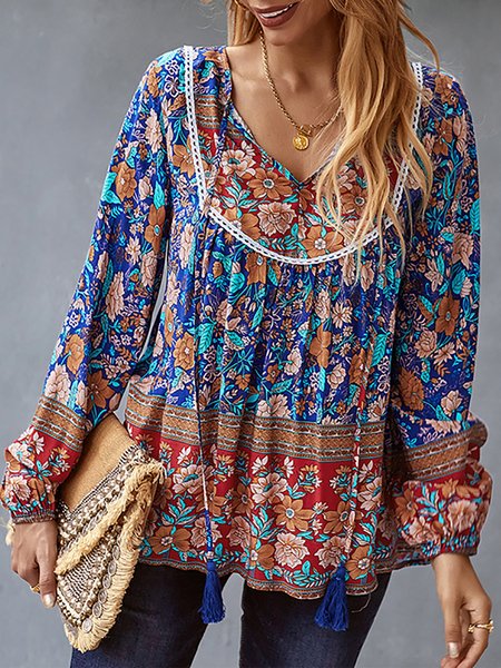 

Raglan Sleeve V Neck Boho Shirts & Tops, Multicolor, Tops