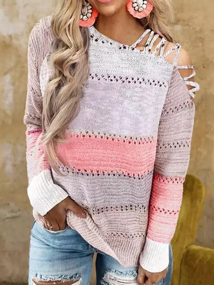 

Acrylic One Shoulder Color Block Sweater, As picture, Sweaters & Cardigans