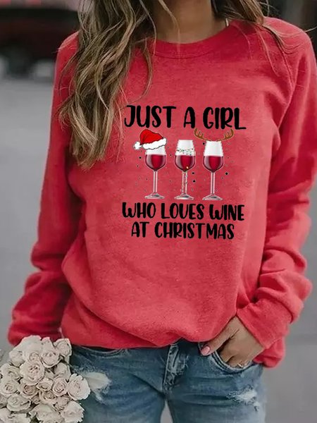 

Just A Girl Who Loves Wine At Christmas Women‘s Loosen Casual Crew Neck Sweatshirt, Red, Hoodies&Sweatshirts