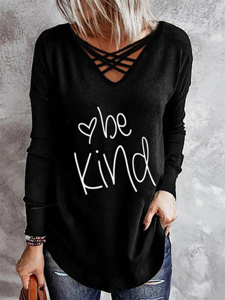 

Long Sleeve V Neck Casual Letter Shirts & Tops, As picture, T-Shirts