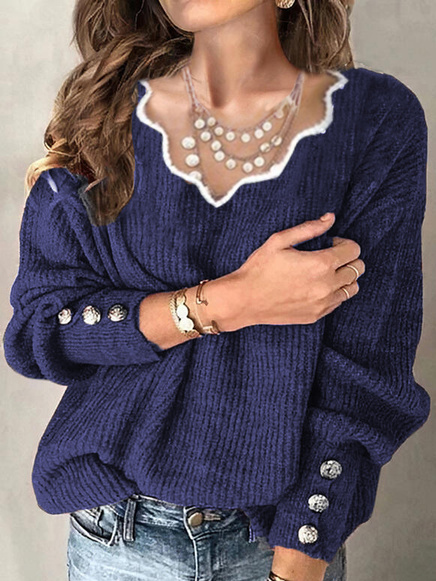

Plain Loosen Cotton Blends Sweater, Blue, Sweaters & Cardigans