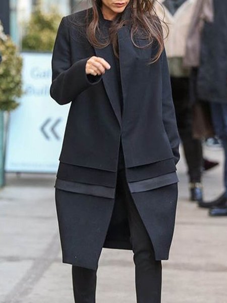 

Flat Collar Patchwork Simple Outerwear, Black, Coats