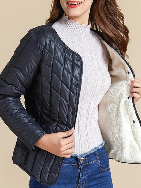 

Crew Neck Simple Plain Outerwear, Black, Coats