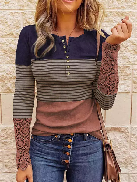 Color Block Lace Patchwork Casual V Neck Shirts & Tops, As picture, Blouses & Shirts