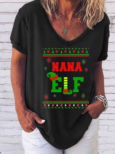 

Christmas fun print V-neck short-sleeved T-shirt, Black, T-shirts
