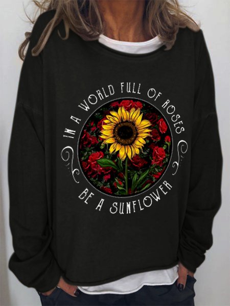 

Sunflower Print Round Neck Long Sleeve Sweatshirt, Black, Hoodies&Sweatshirts