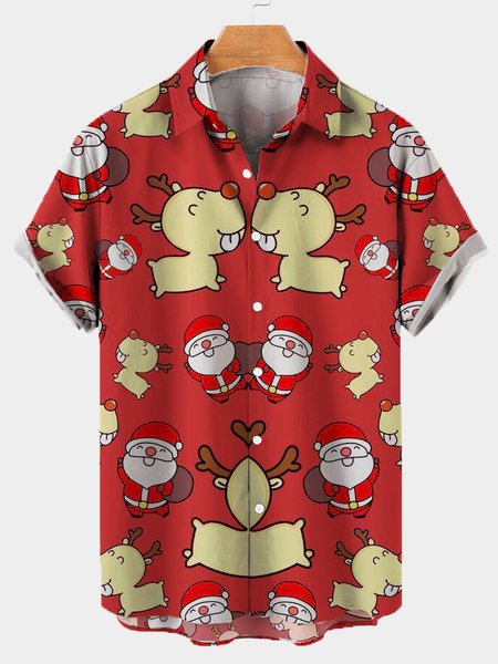 

Christmas Elk Shirt Collar Casual Men's Shirts, Red, Shirts