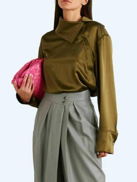 

Fall Elegant Long sleeve Work Formal Shirt Collar Tops, Darkgreen, Blouses and Shirts