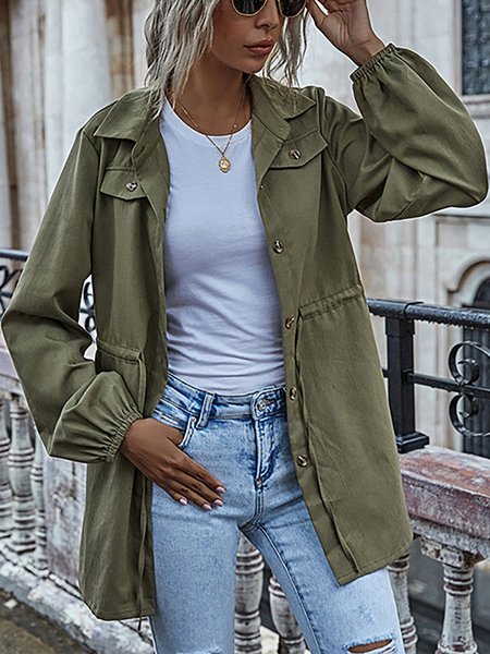 

Lapel Vintage Long Sleeves Solid Drawcord Outerwear, Army green, Outerwear